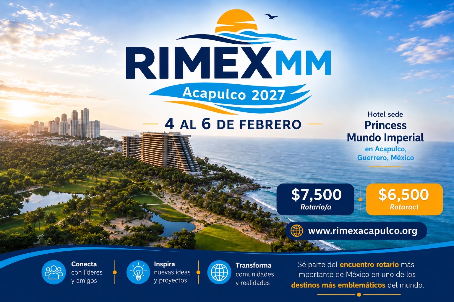 Gráfico oficial de RIMEX MM Acapulco 2027: fechas, hotel sede y cuotas de $7,500 Rotario/a y $6,500 Rotaract