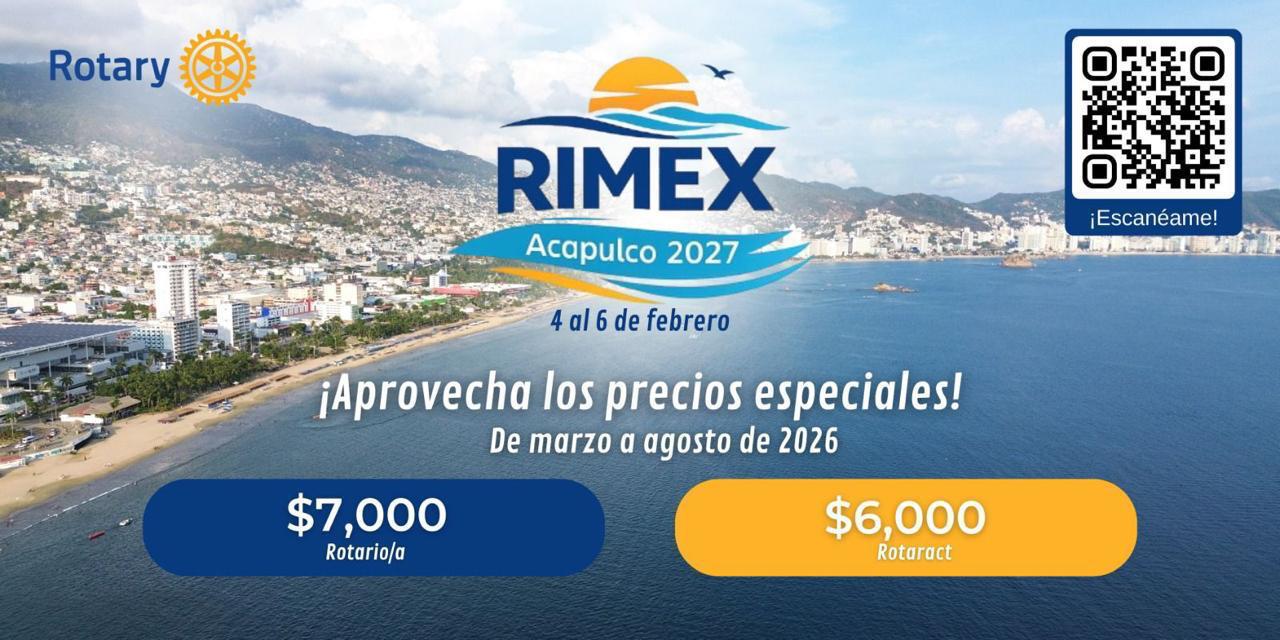 Gráfico oficial de RIMEX MM Acapulco 2027 con las cuotas: $7,000 rotario y $6,000 Rotaract